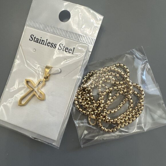 Stainless Steel Cross Pendant Gold Plated 24 Inch Chain Religious Jesus Christ - Picture 6 of 6